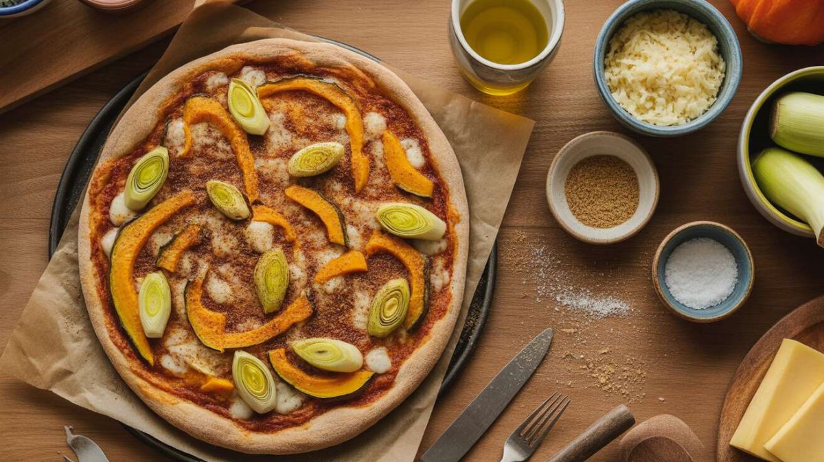 Pizza potimarron, poireaux et fromage