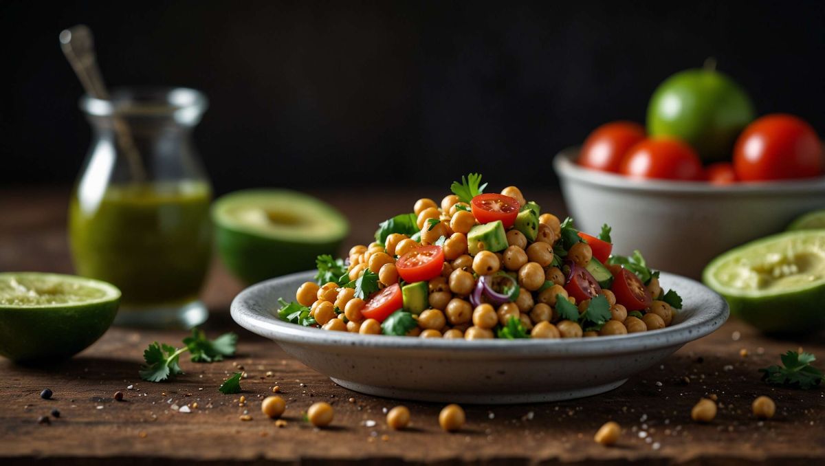 Savourez la fraîcheur d'une salade de lentilles et pois chiches à la mexicaine