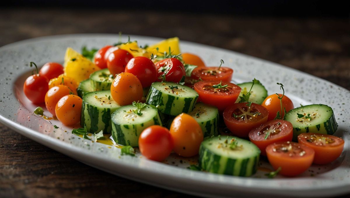 Salade croquante de concombre, tomates et carottes au gingembre