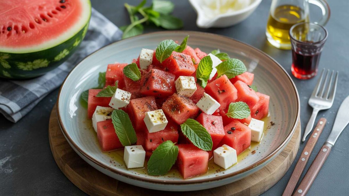 Découvrez la salade pastèque-feta-menthe, fraîcheur garantie pour vos déjeuners d'été